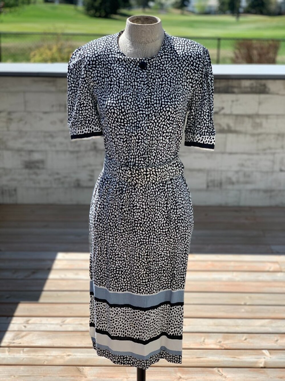 VVintage 90s Midi Dress XS Black White Belted Puff Short Sleeve Work Knee High